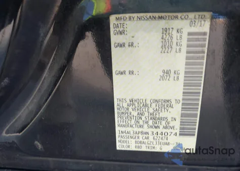 2017 Nissan Altima 2.5 S z USA, uszkodzony, nr VIN 1N4AL3AP8HN344074